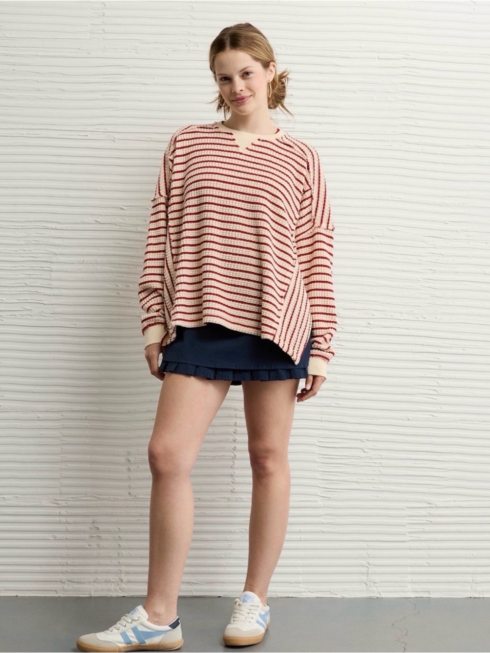 NWT American Eagle AE Big Hug Crew Neck Waffle Knit Striped Sweatshirt Oversized